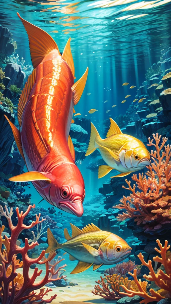 A golden tuna swims in the ocean with beautiful coral reefs.