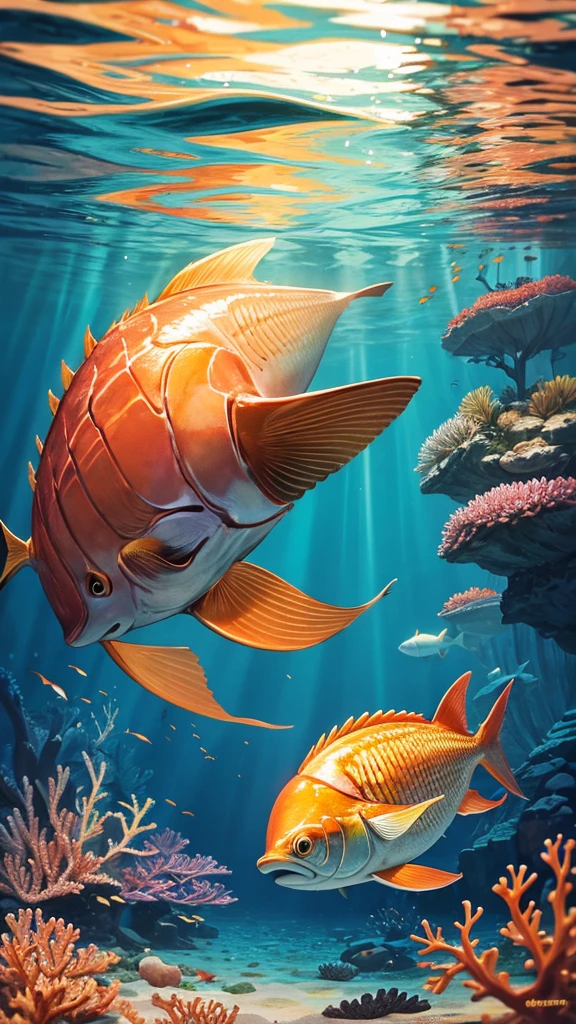 A golden tuna swims in the ocean with beautiful coral reefs.