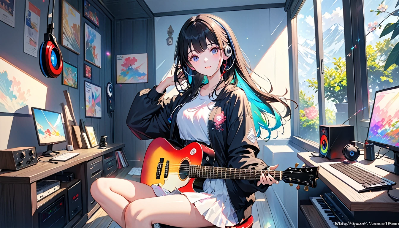 (Absurd:1.1, High resolution:1.1, 超detailed:1.1), 非常にdetailedな, 超detailed hair, (Fine grain:1.4), (Shining Eyes:1.3), thin, cute, Perfectly symmetrical face, narr○w waist, 超cute girl, 超cute face, 超cute, Super beautiful, Beautiful colors, merry (Yanmar gauge),From wlop,((Great quality)), (Beautiful legs), (Beautiful Hair), Black Hair, computer, Beautiful Style (Beautiful colors,detailed,Highest quality,Great quality,so beautiful), guitar, Headphones, microphone, shirt, Jacket, Lighting and Shadows(perspective), Lighting particles, colorful, masterpiece, Very stylish room,