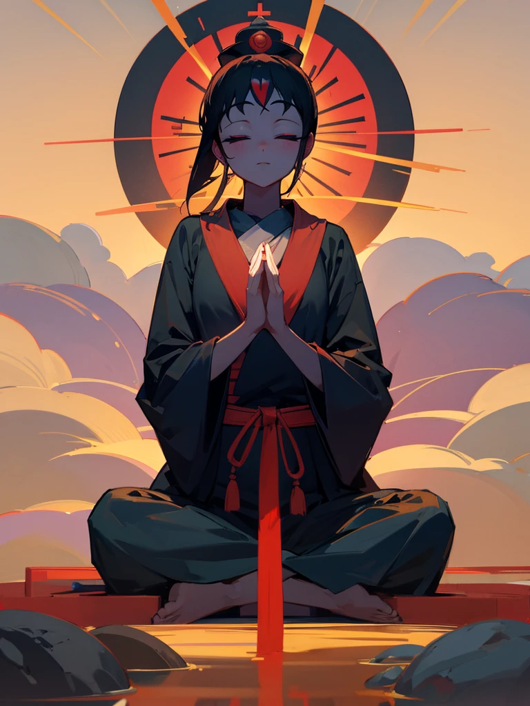 Amitabha Buddha 泣き顔 eyes closed buddha posture halo black hair hands together third eye 涙