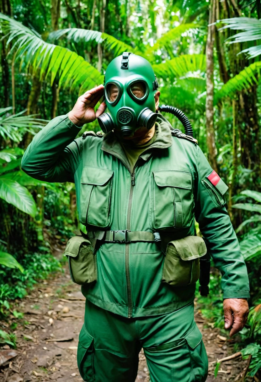 (a fat old man in a green pilot suit) and (wearing a green military helmet on his head), wearing gas mask that cover his face, standing and saluting in a jungle, elderly, masculine, muscular, Basuki Abdullah, sumatraism, action, a stock photo
