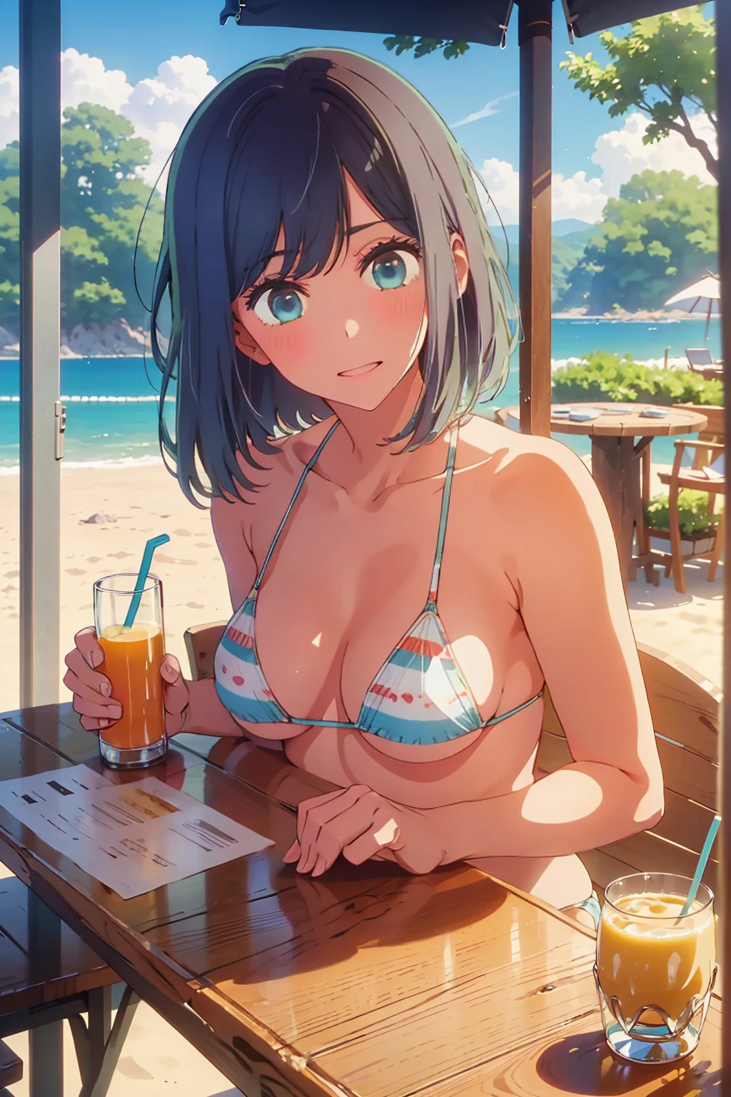 (Highest quality:1.4、masterpiece:1.4、Super detailed:1.4、8K:1.4)、((((1 person、Surprised expression、sit、Outdoor café terrace、coastal、juice、table、Sandy Beach、juiceのグラスを持つ、Micro Bikini、Very soft boobs、Big eyes、Very cute face))))、F cup bust、Medium breast、Underboob