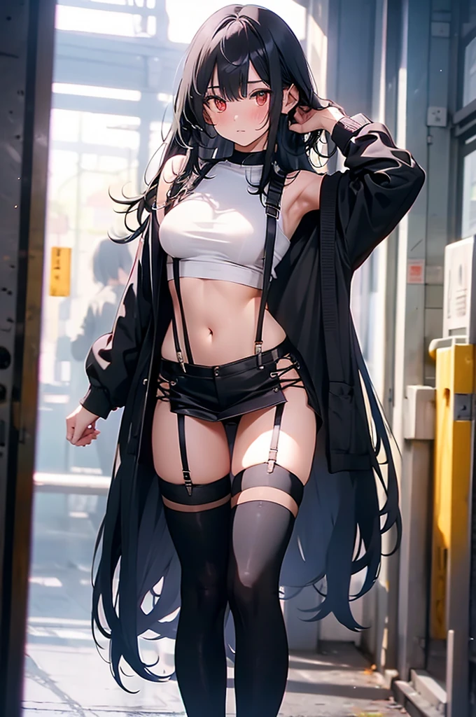 Black long hair、looking at the viewer　,Red eye,　suspenders　　　Bulging big breasts　　 　 　　　　Black miniskirt　garter belt　knee high socks　　　　　　Gaze　　　small face　bangs 　　　　　Beauty　　hands up　　 　Gaze 　black boots 　provocation　　armpit sweat　one person 　　put your hands behind your back　cutter shirt　　Panty shot