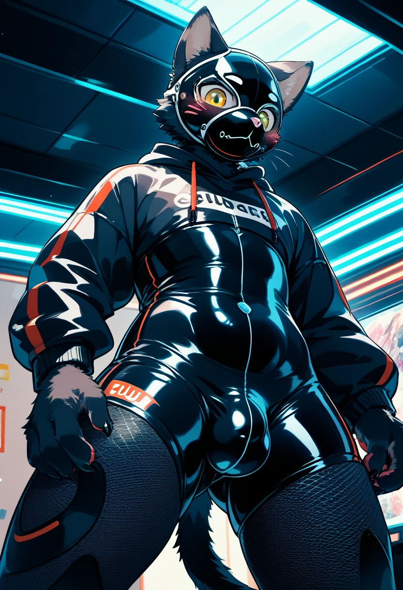 Highest quality, Highest quality, High quality illustrations, masterpiece, Ultra-high resolution, Detailed Background, Gaming Room, Absurd, Perfect Anatomy, performance, Good lighting, Shadows in the movies(kemono, Furry Personification), cat, Black Skin, Rubber suit, Rubber suit, latex, neon, neonライト, neonカラー, Fishnet tights, Rubber Hoodie,  Rubber Mask, Embarrassed, null bulge, male, juvenile