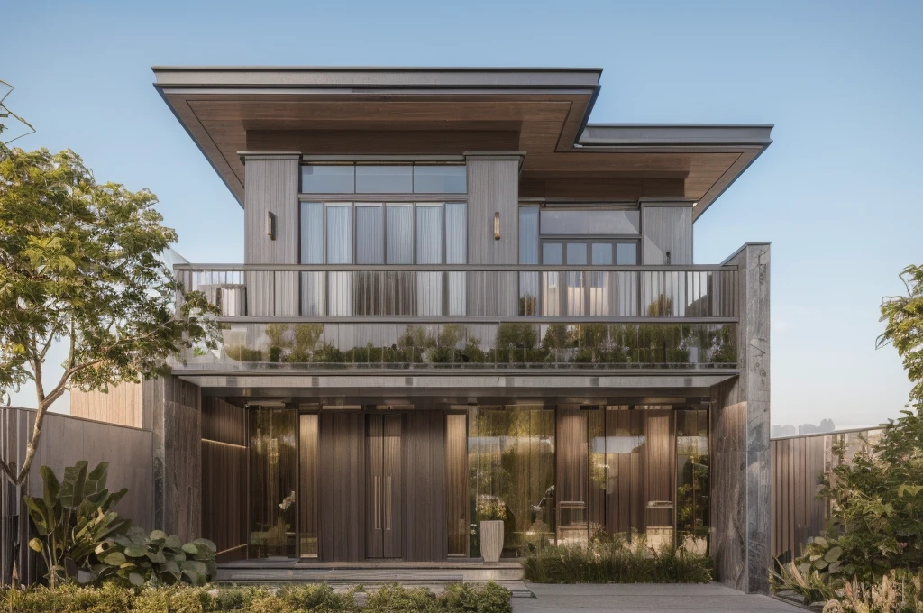 RAW photo, subject, 8k uhd, dslr, soft lighting, high quality, film grain, Photo of a modern villa, modern architecture, simple facade, glass railing, trees, skylight, palm tree, gray stone walling, wooden, (realistic:1.4), (masterpiece:1.4), ceiling wood, (daylight:1.4), (sunlight:1.4) yard, grass, tree