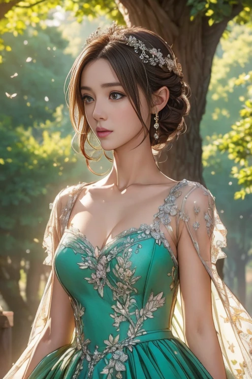 high quality, High resolution, High quality texture,High detail, beautiful, detailed, Extremely detailed CG,Detailed texture,Realistic facial expressions, masterpiece, in front,dynamic,bold,1 Girl,1 female, 25 years old, light brown hair, short hair, floating hair, one length,wearing fairy dress,