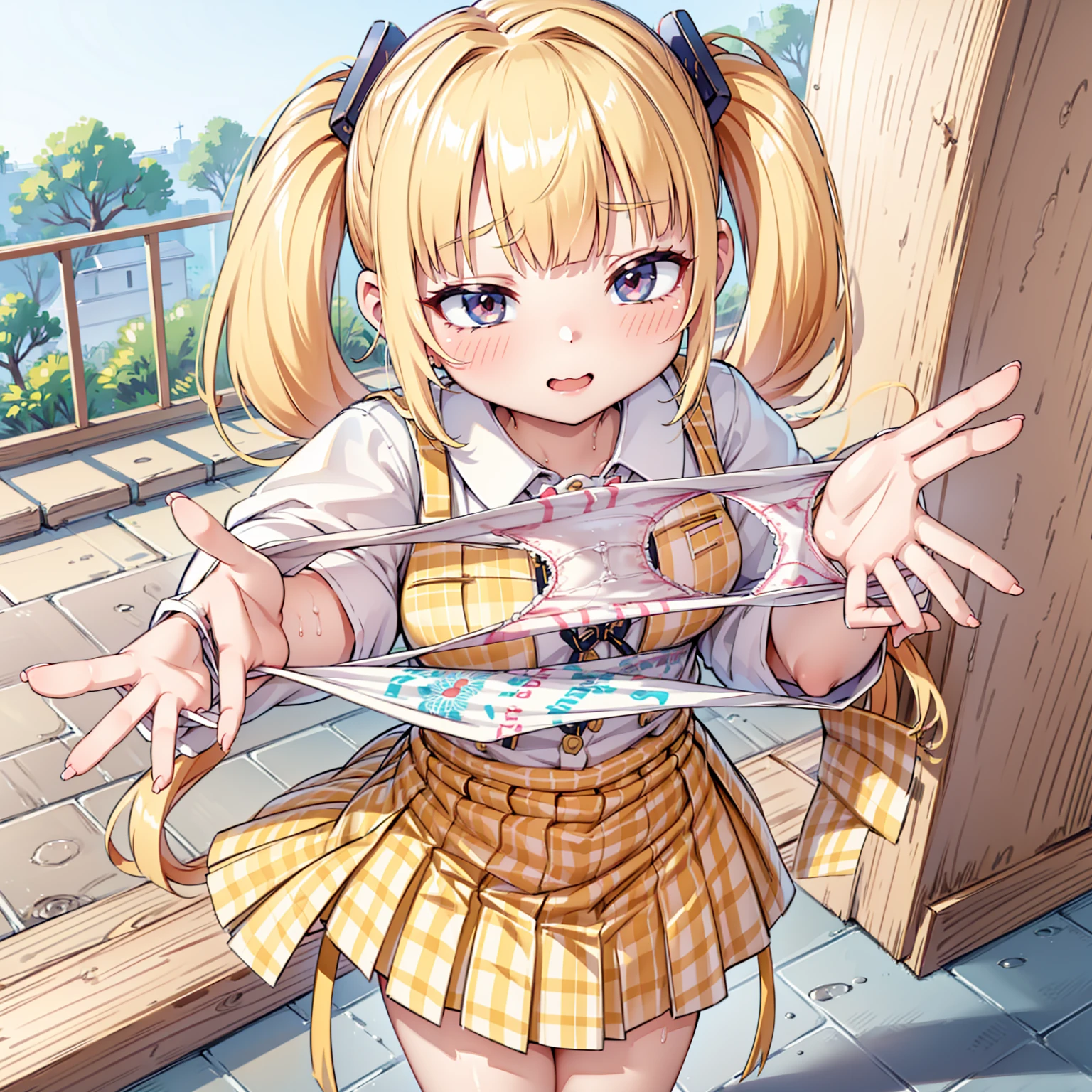 blonde, {{{Half Twin Tail:1.3}}}、shirt, blush, white shirt, hair ornaments, Manicure, Plaid skirt, Pleated skirt,
,Pay attention to the panties,
Looking down,View your audience,Panties as a gift,Tabletop, Highest quality, Perfect Skin, Detailed skin texture, Super detailed, 8K, Intricate details, Beautifully detailed face,High resolution,
Looking down at the viewer, masterpiece, (Panties are stained with pee)、(Pussy、Love Juice)、(body odor),perfect hands