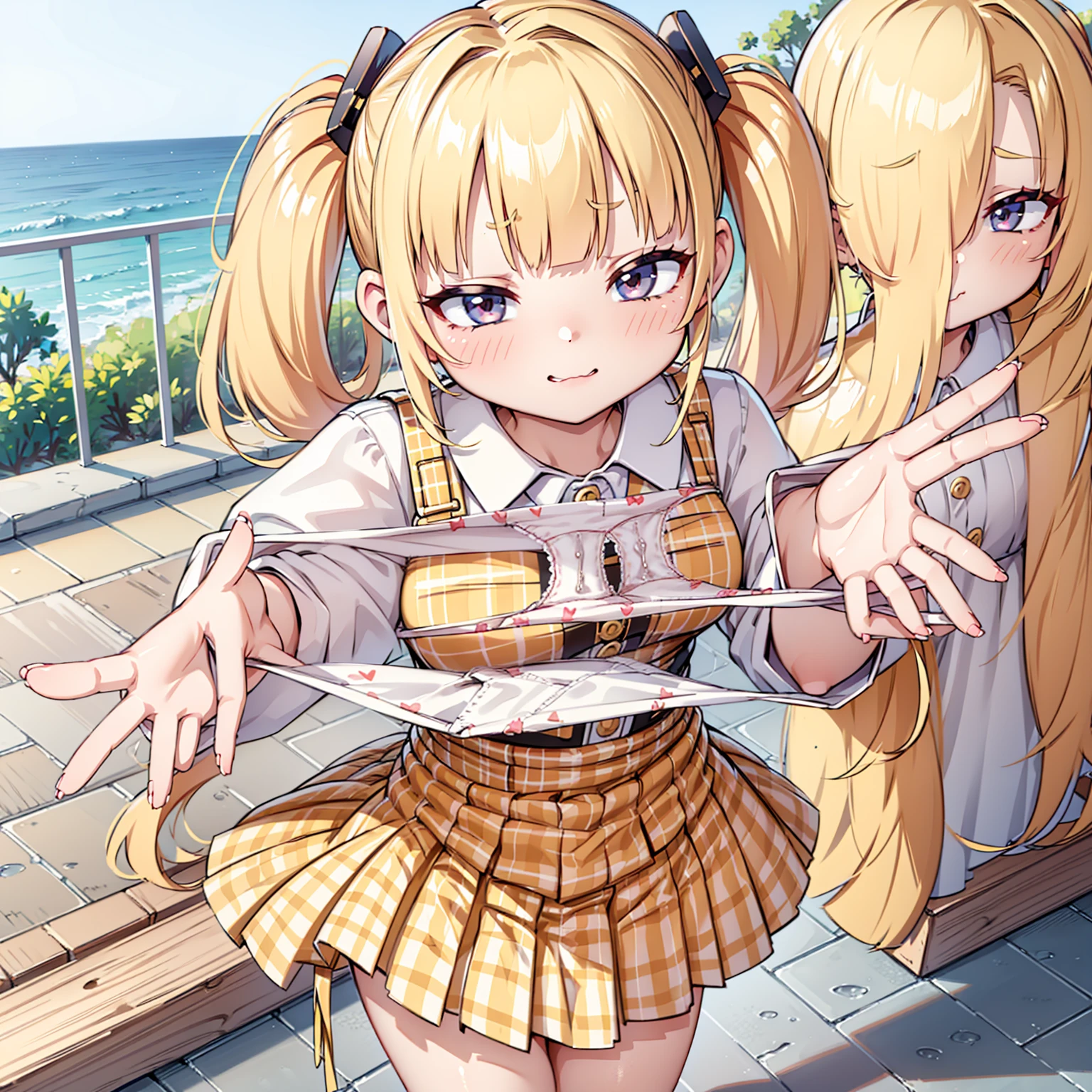 blonde, {{{Half Twin Tail:1.3}}}、shirt, blush, white shirt, hair ornaments, Manicure, Plaid skirt, Pleated skirt,
,Pay attention to the panties,
Looking down,View your audience,Panties as a gift,Tabletop, Highest quality, Perfect Skin, Detailed skin texture, Super detailed, 8K, Intricate details, Beautifully detailed face,High resolution,
Looking down at the viewer, masterpiece, (Panties are stained with pee)、(Pussy、Love Juice)、(body odor),perfect hands