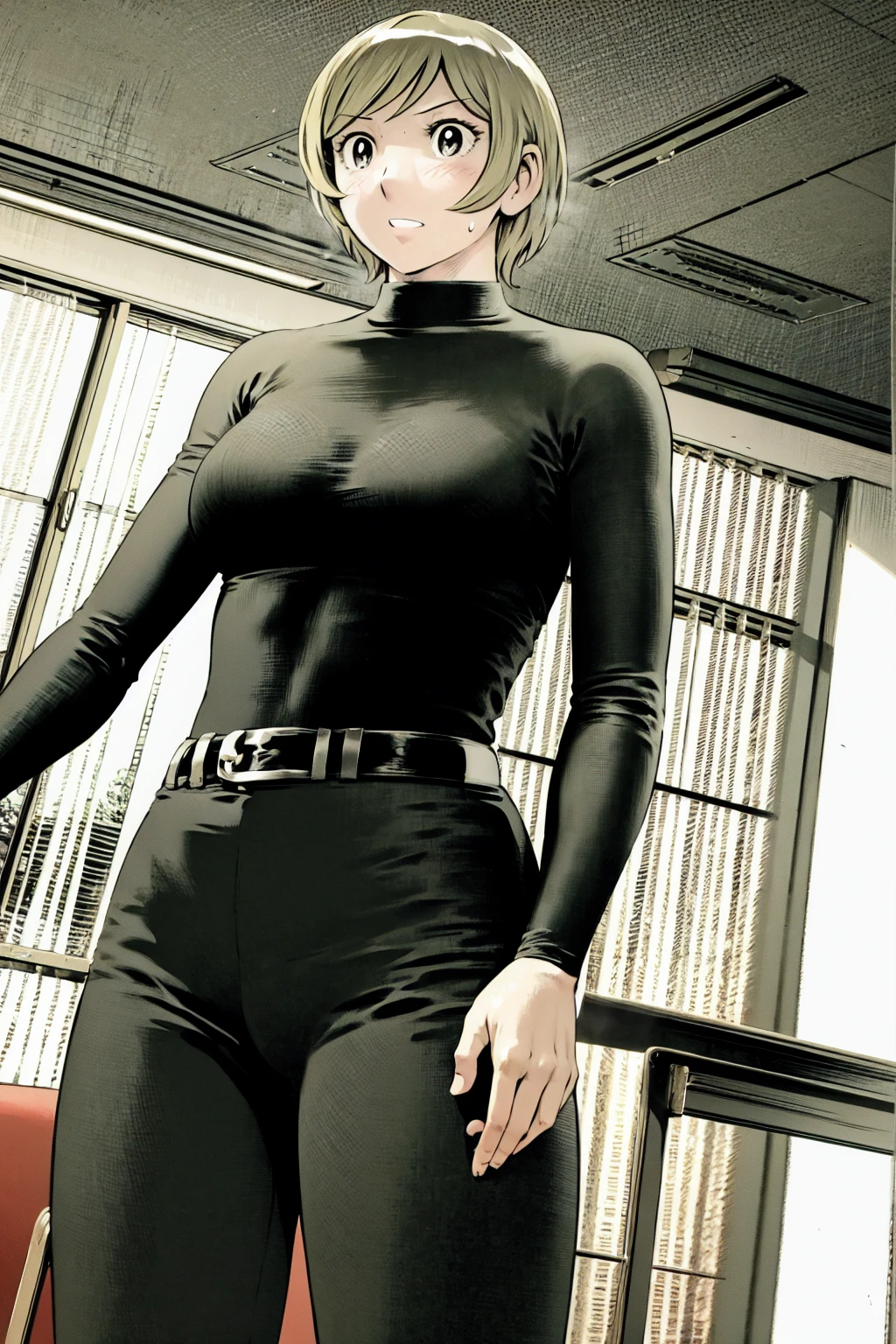 、(masterpiece、Highest quality)、Highest quality, Ultra-high resolution, (((masterpiece))), alone, Sweat、Big eyes,Tight black shirt、Tight white pants、belt、indoor、Composition from the front、（Cut the back hair short、short hair、blonde、woman）、Shortcuts、Embarrassed face、Cut your hair short、可愛いwomanの子、Big Breasts、office