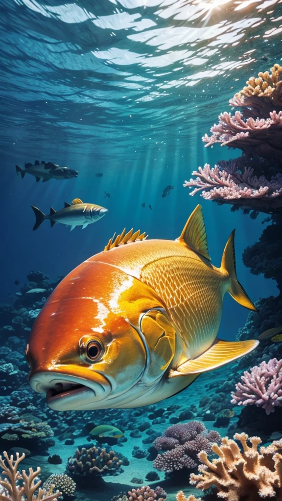 A golden tuna swims in the ocean with beautiful coral reefs.