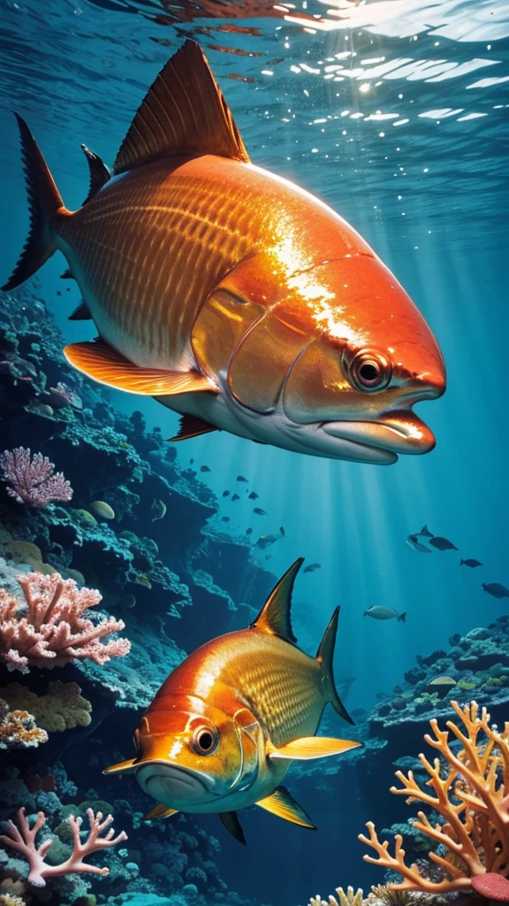A golden tuna swims in the ocean with beautiful coral reefs.