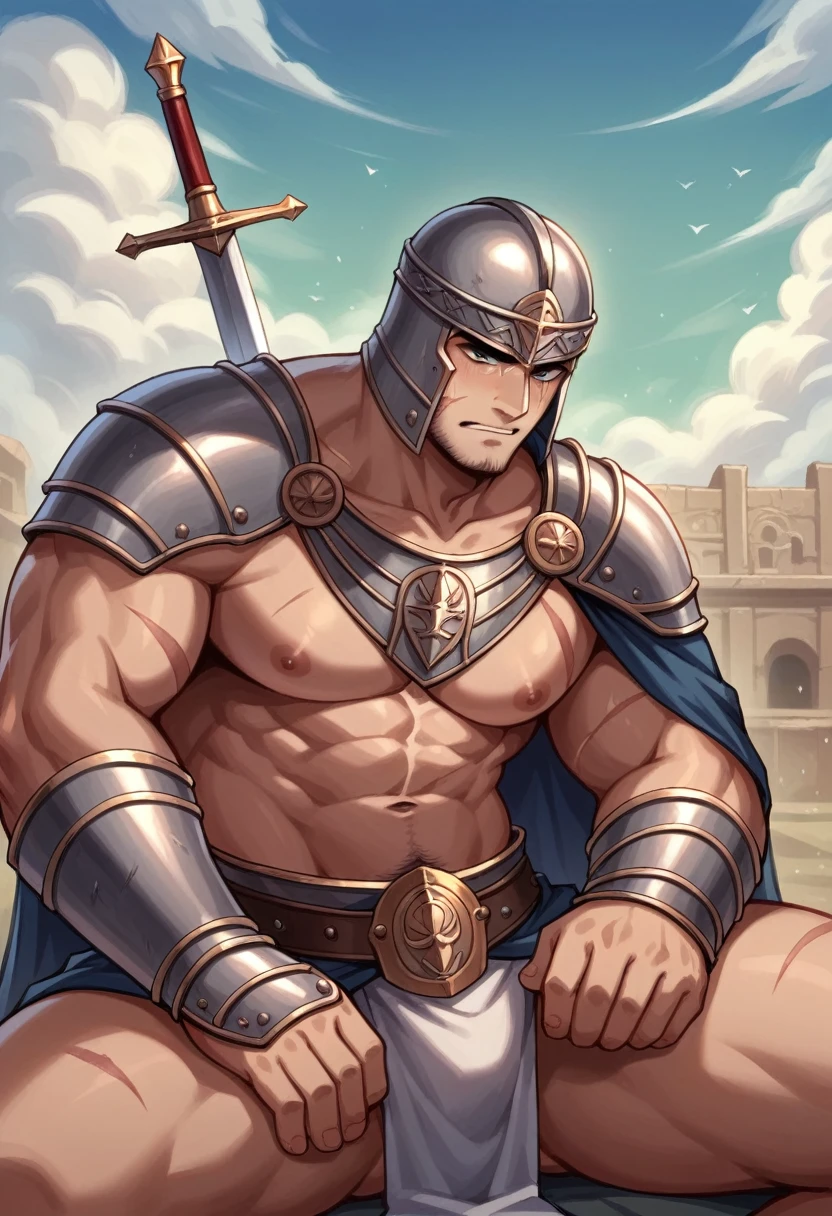 A white male muscular armored Gladiator in the dusty filled arena of ancient Rome . He has a special Celtic armor on. He is wearing no helmet. He has battle scars. He is holding a broadsword.He is victorious over many. He is facing straight ahead. There are body’s of other vanquished gladiators laying lifeless on the ground around him.