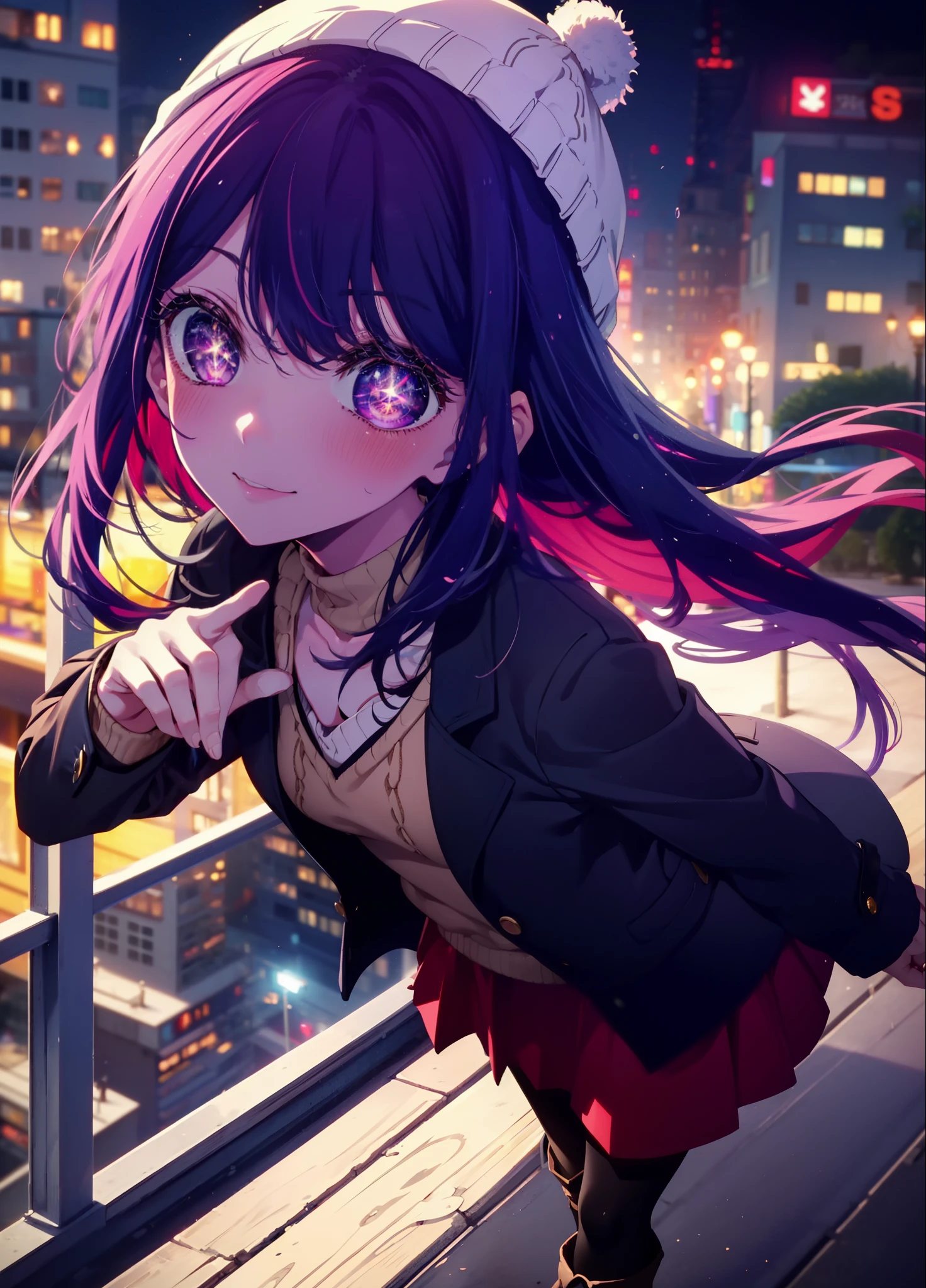 aihoshino, Ai Hoshino, Long Hair, bangs, (Purple eyes:1.1), Purple Hair, (Symbol-shaped pupil:1.5), smile,smile,blush,Open your mouth,Knitted hat,Black-rimmed glasses,Purple long coat,V-neck sweater,Long skirt,Black pantyhose,short boots,Red muffler,It&#39;s snowing,Snow is falling,Walking,whole bodyがイラストに入るように, evening,sunset,The sun is setting,
break outdoors, Building district,
break looking at viewer, whole body,
break (masterpiece:1.2), Highest quality, High resolution, unity 8k wallpaper, (figure:0.8), (Beautiful attention to detail:1.6), Highly detailed face, Perfect lighting, Highly detailed CG, (Perfect hands, Perfect Anatomy),