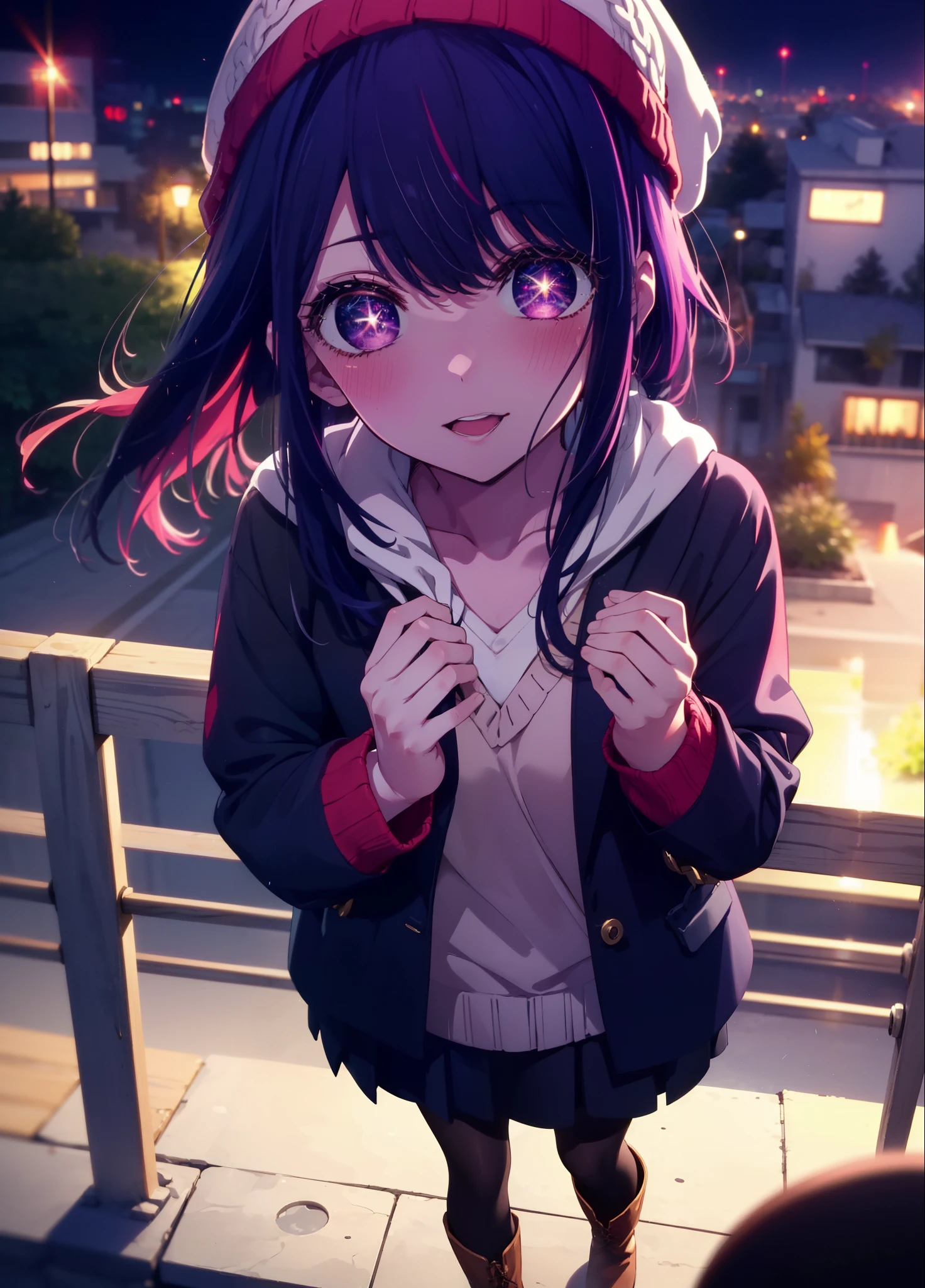 aihoshino, Ai Hoshino, Long Hair, bangs, (Purple eyes:1.1), Purple Hair, (Symbol-shaped pupil:1.5), smile,smile,blush,Open your mouth,Knitted hat,Black-rimmed glasses,Purple long coat,V-neck sweater,Long skirt,Black pantyhose,short boots,Red muffler,It&#39;s snowing,Snow is falling,Walking,whole bodyがイラストに入るように, evening,sunset,The sun is setting,
break outdoors, Building district,
break looking at viewer, whole body,
break (masterpiece:1.2), Highest quality, High resolution, unity 8k wallpaper, (figure:0.8), (Beautiful attention to detail:1.6), Highly detailed face, Perfect lighting, Highly detailed CG, (Perfect hands, Perfect Anatomy),