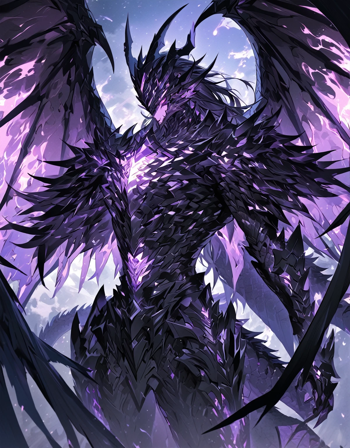Masterpiece, Very detailed, ultra detailed, one, (1 man), man with a V-shaped body Large dragon horns, two large dragon wings, full detailed dark obsidian armor with light purple details that seemed like a purple fire. Long black hair combed back, and reptile eyes that shine crimson-purple. In the style of manhwa "Omniscient Reader's Viewpoint"