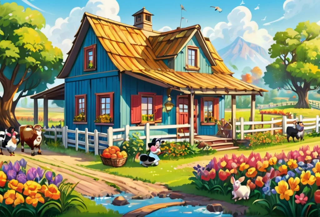 A small farm house (masterpiece best quality:1.2) delicate illustration ultra-detailed, (disney-related event) out door farm, detailed background, illustrations, bright, colourful,