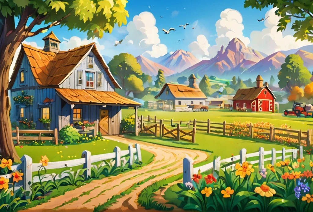 A small farm house (masterpiece best quality:1.2) delicate illustration ultra-detailed,  (disney-related event) out door farm,  detailed background, illustrations, bright, colourful, 