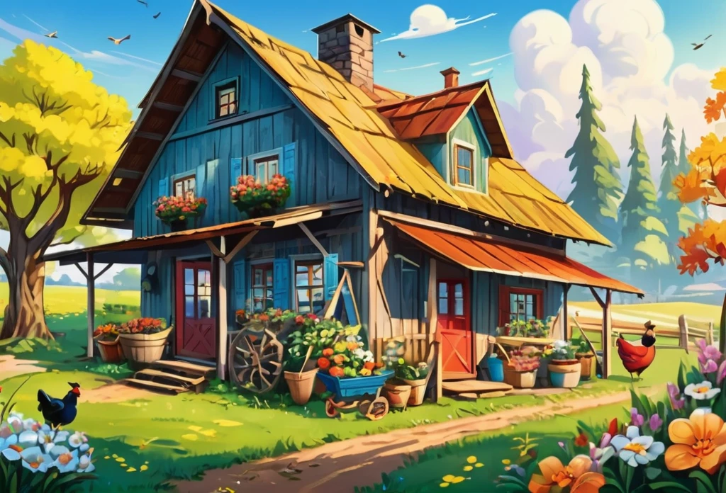 A small farm house (masterpiece best quality:1.2) delicate illustration ultra-detailed, (disney-related event) out door farm, detailed background, illustrations, bright, colourful,