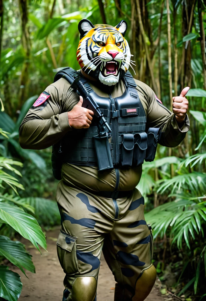 (a dark-skinned bearded fat old man in army camouflage zipper diver suit) (wearing realistic roaring tiger mask that show the wearer eyes), thumbs up, carrying a gun holster on his right hip, walking in jungle, muscular, Basuki Abdullah, sumatraism, muscular physique, imposing stature, action, a character portrait, heroic, fierce, snarling, best quality

