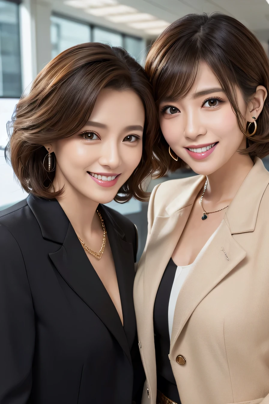 Two women standing side by side、 Brown Hair、Short Haircut、Curly Hair、Necklace around the neck、Office Lady Suits、Jacket、Unbuttoned shirt、Flashy makeup、smile、Laughing with your mouth open、Intricate details, Very detailed:1.2), 、 Looking into the camera,The background is the office、Necklace around the neck、Dark eyeliner、ear piercing

