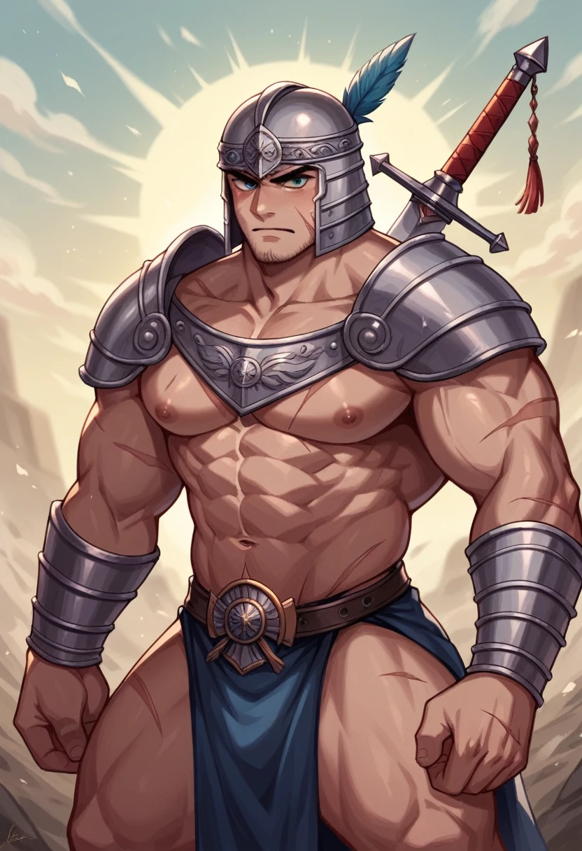 A white male muscular armored Gladiator in the dusty filled arena of ancient Rome . He has a special Celtic armor on. He is wearing no helmet. He has battle scars. He is holding a broadsword.He is victorious over many. He is facing straight ahead. There are body’s of other vanquished gladiators laying lifeless on the ground around him.