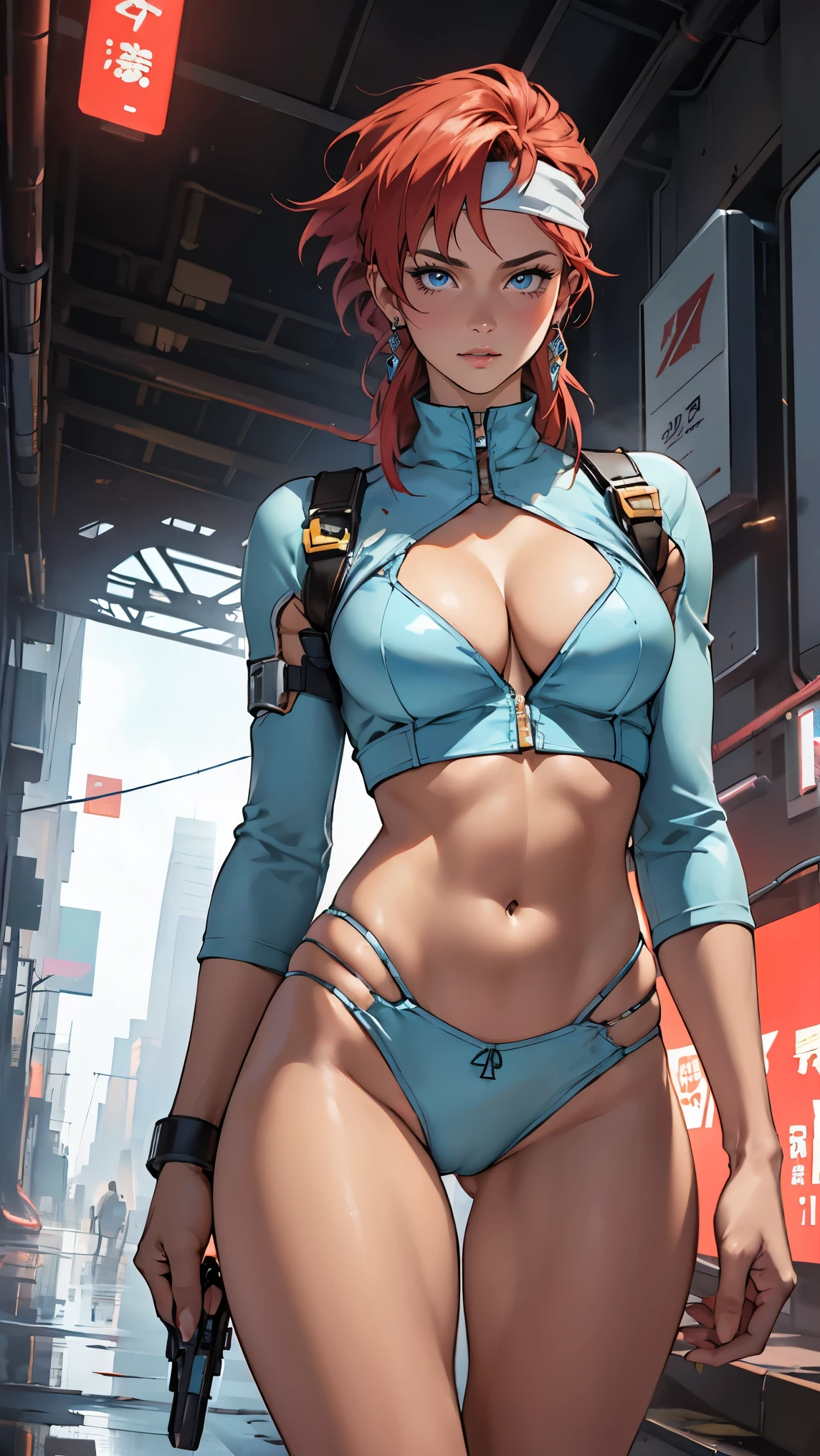 ((Masterpiece, highest quality; 1.3)), super quality, beautiful detail, super detailed, extra fine, 16K, exquisite, absurd, high resolution, beautiful background, detailed background, beautiful eyes, beautiful skin, anime style, Kay from Dirty Pair in a white outfit, tight outfit, cleavage, bushy redhead beauty, very light blue uniform, wearing tight clothes, skimpy, (mid chest: 1.2), cleavage, cleavage, slim waist , thin waist, slim thighs, thin legs, slim legs. thigh gap, showing stomach, skinny, thin hips, cyberpunk city background, holding retro space gun , headband,