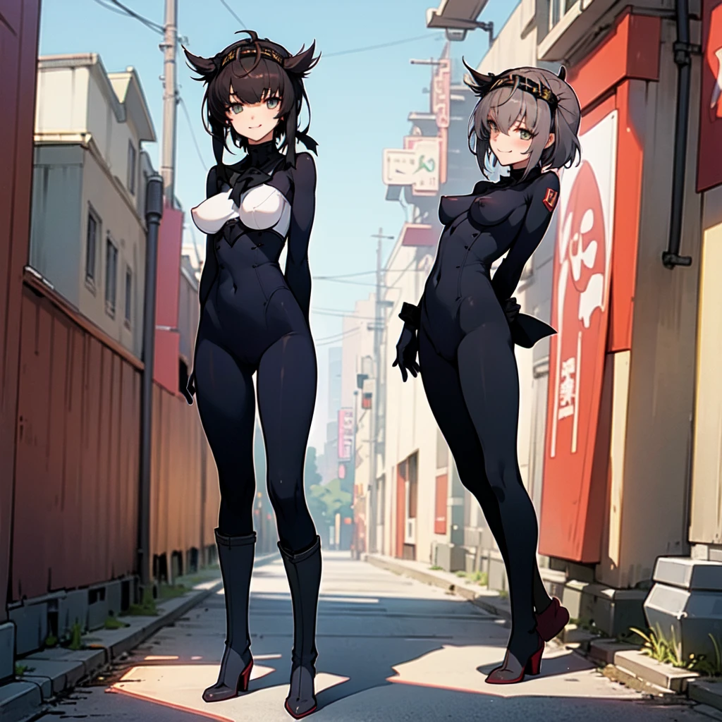 masterpiece, best quality, highly detailed, high quality, very_high_resolution, large_filesize, full color, 1girl, full body, full-length figure, standing, picture only, looking at viewer, make the eyes the same shape and color on both sides, nsfw, street, town, outdoor, arms behind back, hatsuzuki, short hair, hair flaps, black bodysuit, hachimaki, Full Body Tights, Black boots, blue sky, smile, looking at viewer