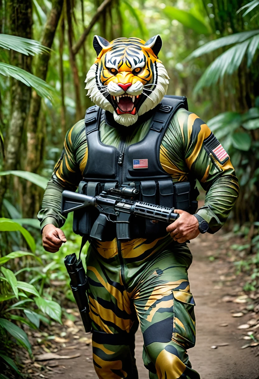 (a dark-skinned bearded fat old man in army camouflage zipper diver suit) (wearing realistic roaring tiger mask that show the wearer eyes), thumbs up, carrying a gun holster on his right hip, walking in jungle, muscular, Basuki Abdullah, sumatraism, muscular physique, imposing stature, action, a character portrait, heroic, fierce, snarling, best quality