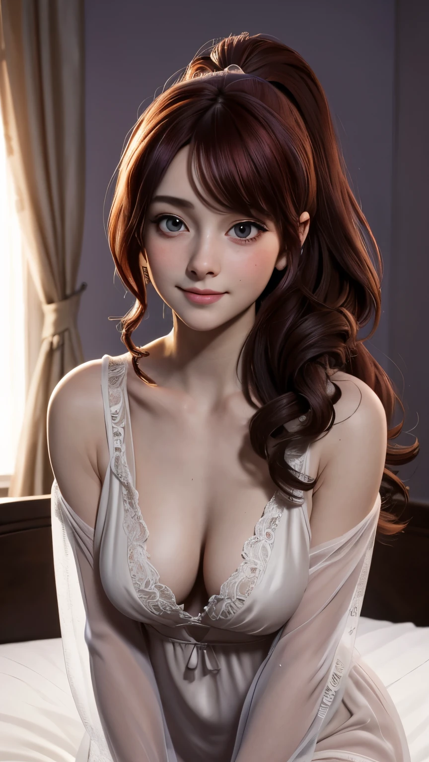 Sexy naked lady Crawling on the comfy bed wearing a highly revealing and alluring goth sheer lace and silk nightgown Wearing highly revealing and alluring sweater Liz is an introvert, and her mother has offered to pay for you to stay with her for a few weeks. Sweet innocent mona Lisa smile. Sexy unkempt hair ponytail. In the enchanting hue of dusk, a masterpiece emerges, showcasing the enigmatic charm of the young dreamshaper, Lora, in a 2.5D Pixar style. The image is rendered in breathtaking 8K resolution, presenting an ultra-detailed, ultra-realistic depiction of Lora's ethereal visage. Her tousled auburn hair, a cascade of freckles and curls, is captured with such precision that each strand appears to shimmer under the soft glow. Lora's captivating smile, reminiscent of Mona Lisa's, is the heart of the portrait.