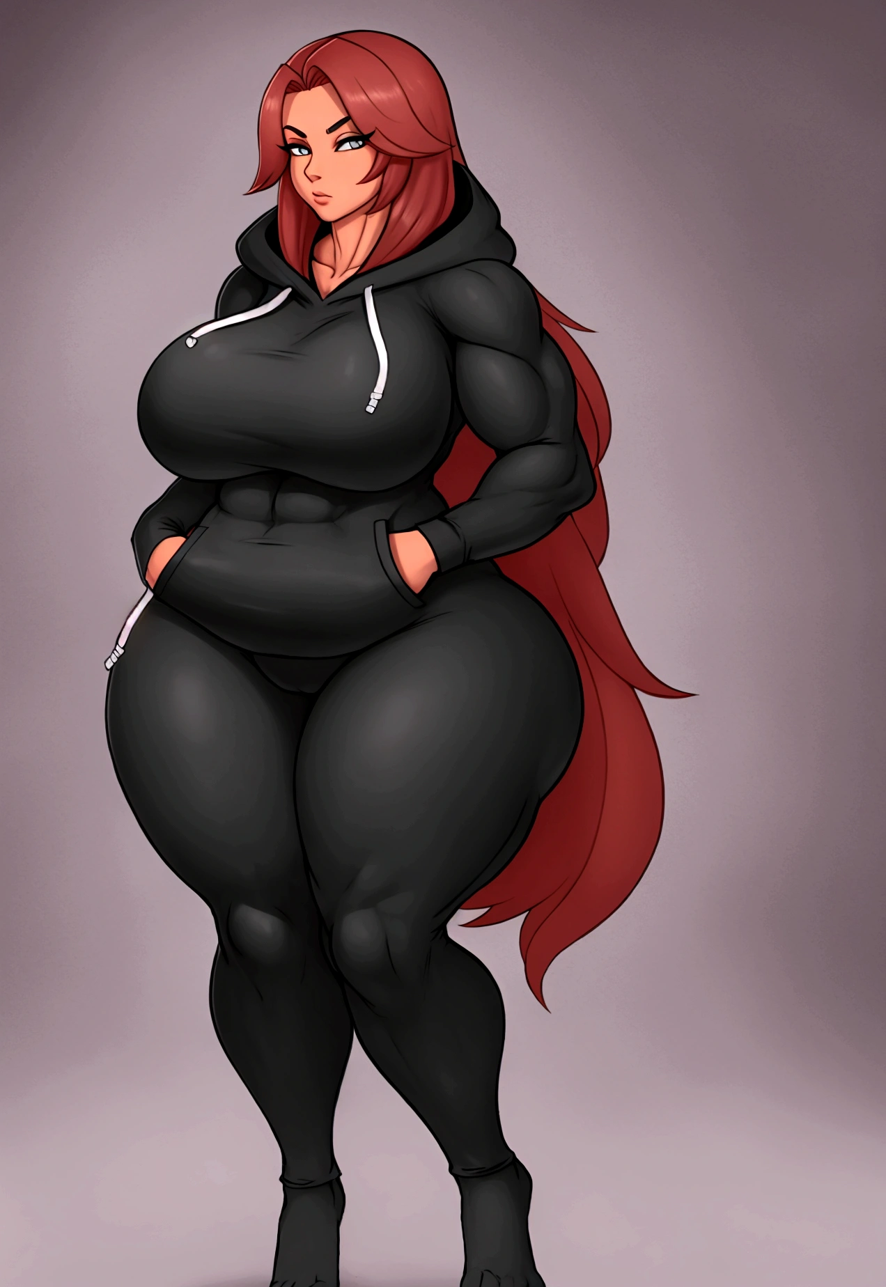 extremely long hair perfect anatomy 1 girl tall solo curvy ((muscular)) hoodie leggings toned body big breasted