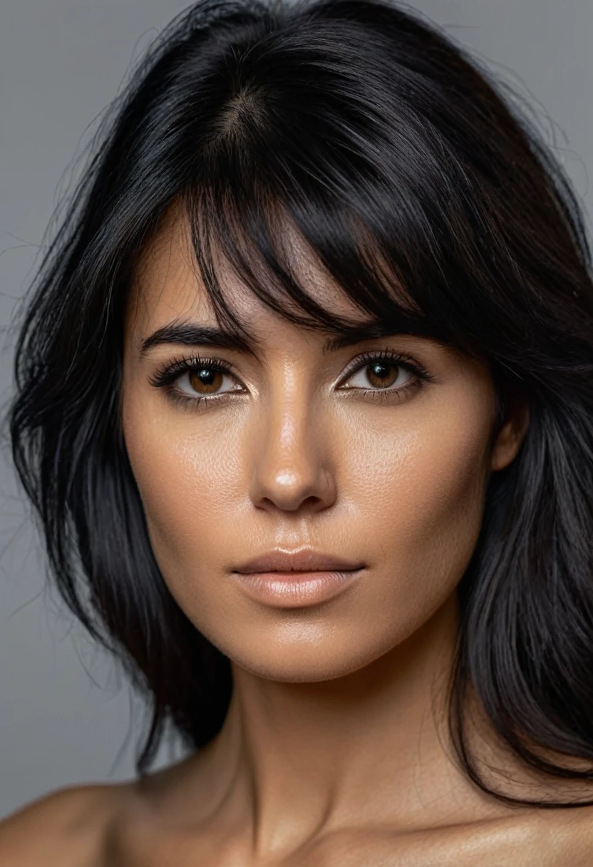 an ultra realistic photo in 4k of a woman with details on the contrast and naked, fine type with brownish black hair