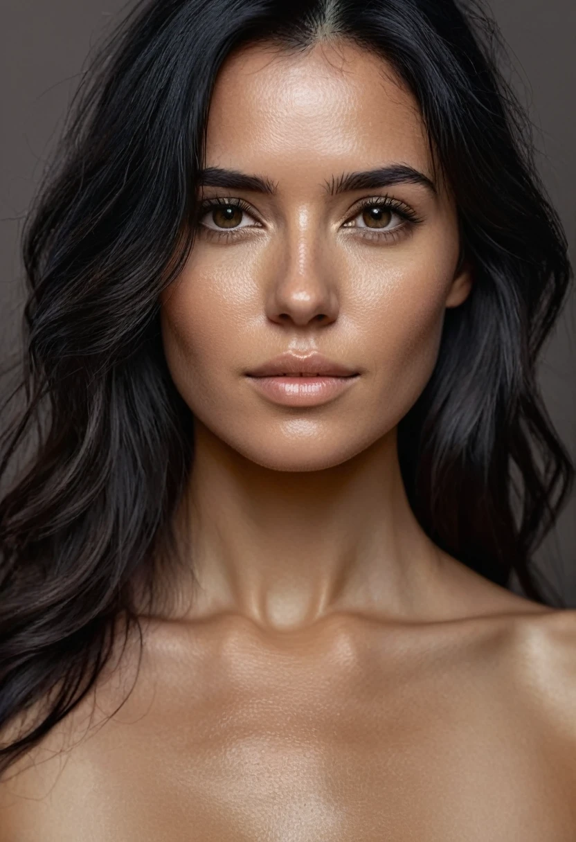 an ultra realistic photo in 4k of a woman with details on the contrast and naked, fine type with brownish black hair