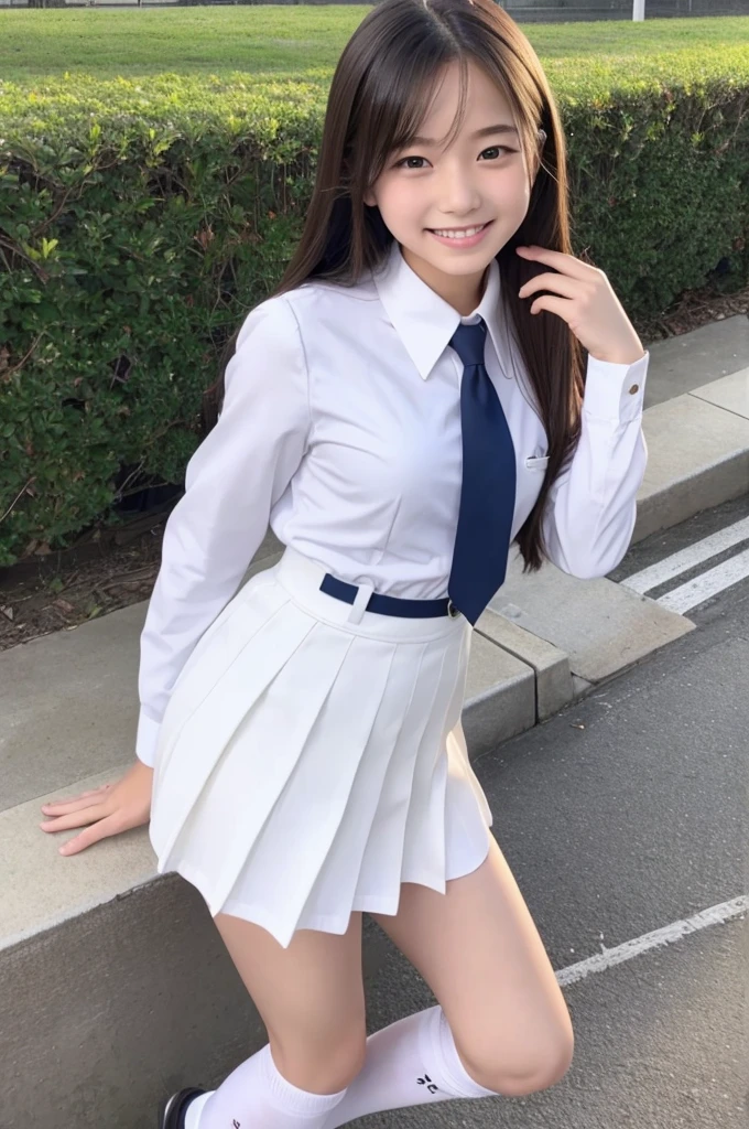 18-year-old、High school girls、uniform、ワンピースのuniform、紺色のuniform、White blouse、Long Straight Hair、White socks、smile、beautiful、Stylish