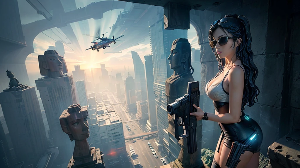 At night, dark sky, aerial view of fantasy cyberpunk style ((Moai-statue)) city, ((flying vehicle)). ((1girl, solo, alone)), photo realistic, medium-breast:1.1 slim body, cleavage, sexy clothes, (black sunglasses), (((hip-up standing and pistol aiming pose))), half-body thigh level medium shot, cinematic lighting.