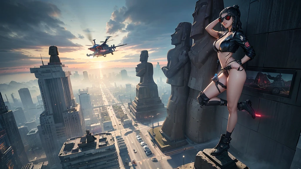 At night, dark sky, aerial view of fantasy cyberpunk style ((Moai-statue)) city, ((flying vehicle)). ((1girl, solo, alone)), photo realistic, medium-breast:1.1 slim body, cleavage, sexy clothes, (black sunglasses), (((hip-up standing and pistol aiming pose))), half-body thigh level medium shot, cinematic lighting.
