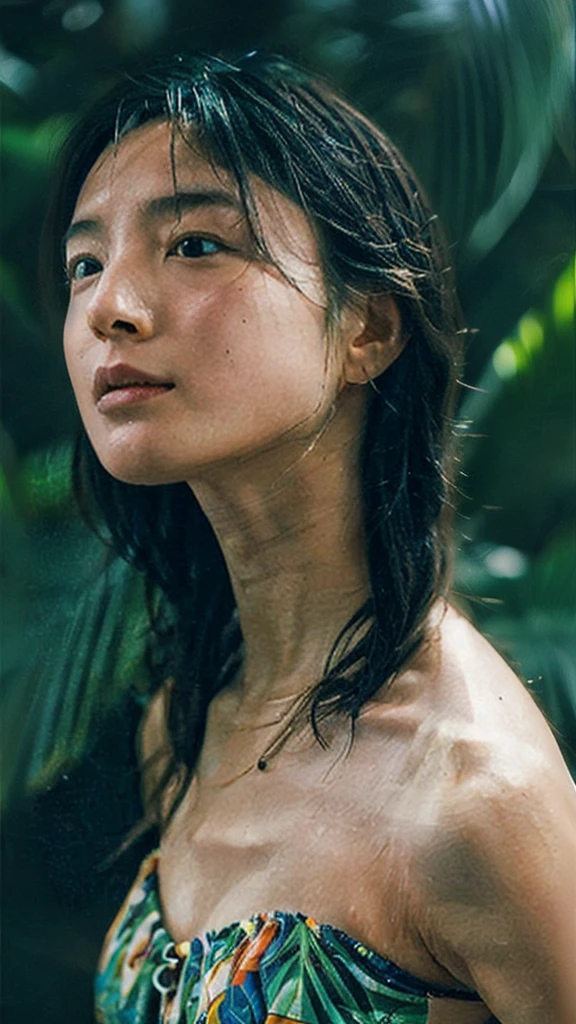 (top-quality、​masterpiece:1.2)、(Photorealsitic:1.2)、femele、Skin texture、Thin hair growth、Mare、Wet hair、Mysterious lighting、Tropical rainforest