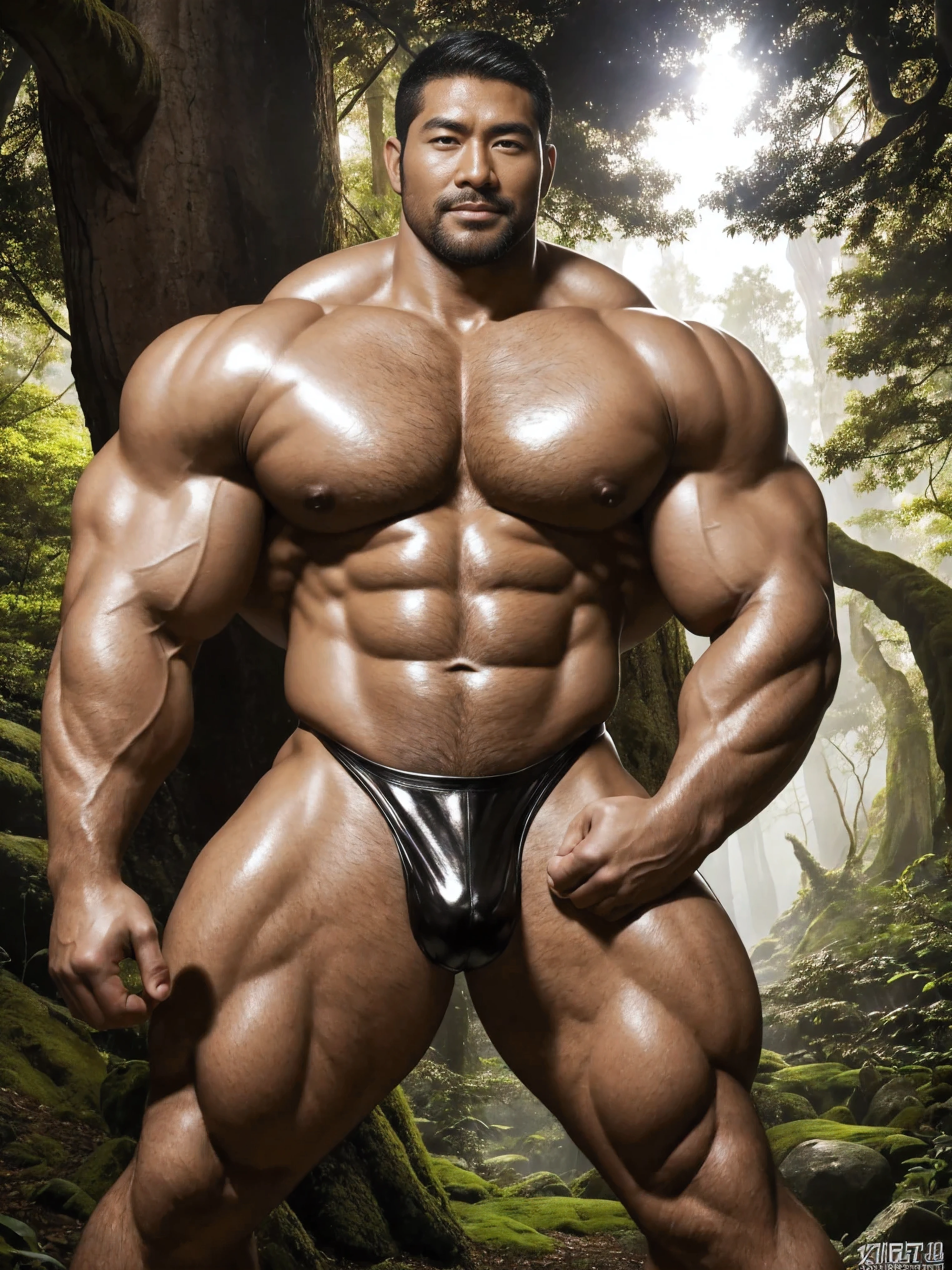 There is only one handsome Asian actor in the photo,35 years old,High target, Fitness,short hair, O-Shaped Beard,Perfect body, Dark skin color,Radiant Skin,Smooth skin,Shiny, shiny skin,Smooth pectoral muscles,No chest hair,No body hair,Muscle bulge, muscular, Very large pectoral muscles,Very y abdominal muscles,Very well-developed leg muscles,Huge concave and convex area,Brightens oily skin,Wearing a shiny silver leather thong,Handsome face,Wearing silver-gold leather socks,Correct and accurate male body proportions,,Charming dream scene with fantasy forest in the background, Towering trees, Glowing Mushrooms, and the hidden fairy canyon, Create a mysterious and charming feeling