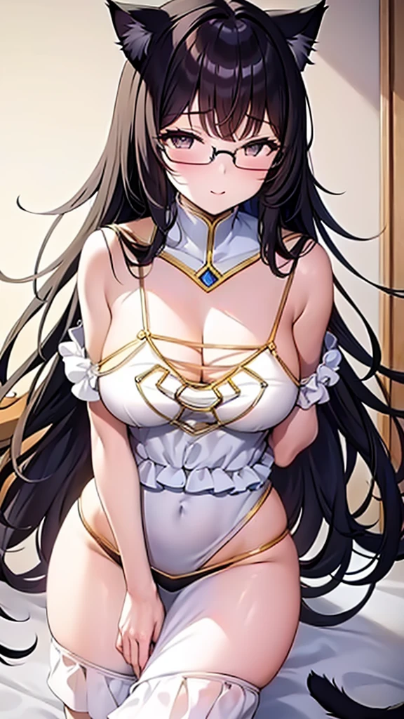 (Masterpiece), (best quality), Cat girl in her 20s, long hair, black hair, chest, gray eyes, cat ears and cat tail, round glasses, long black evening dress.