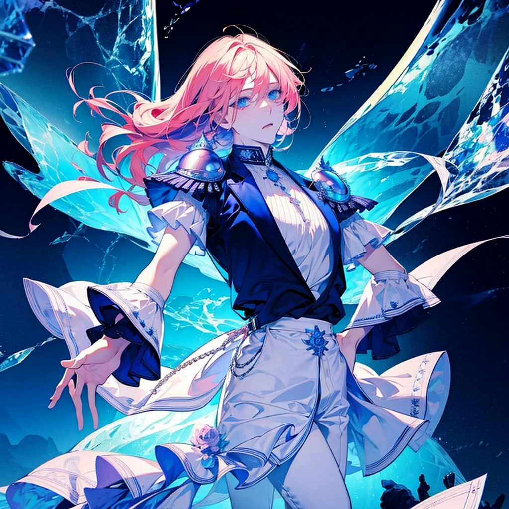 masterpiece , best quality , man , suit , White , ice , sword , anime , sky , glass , cool , king,