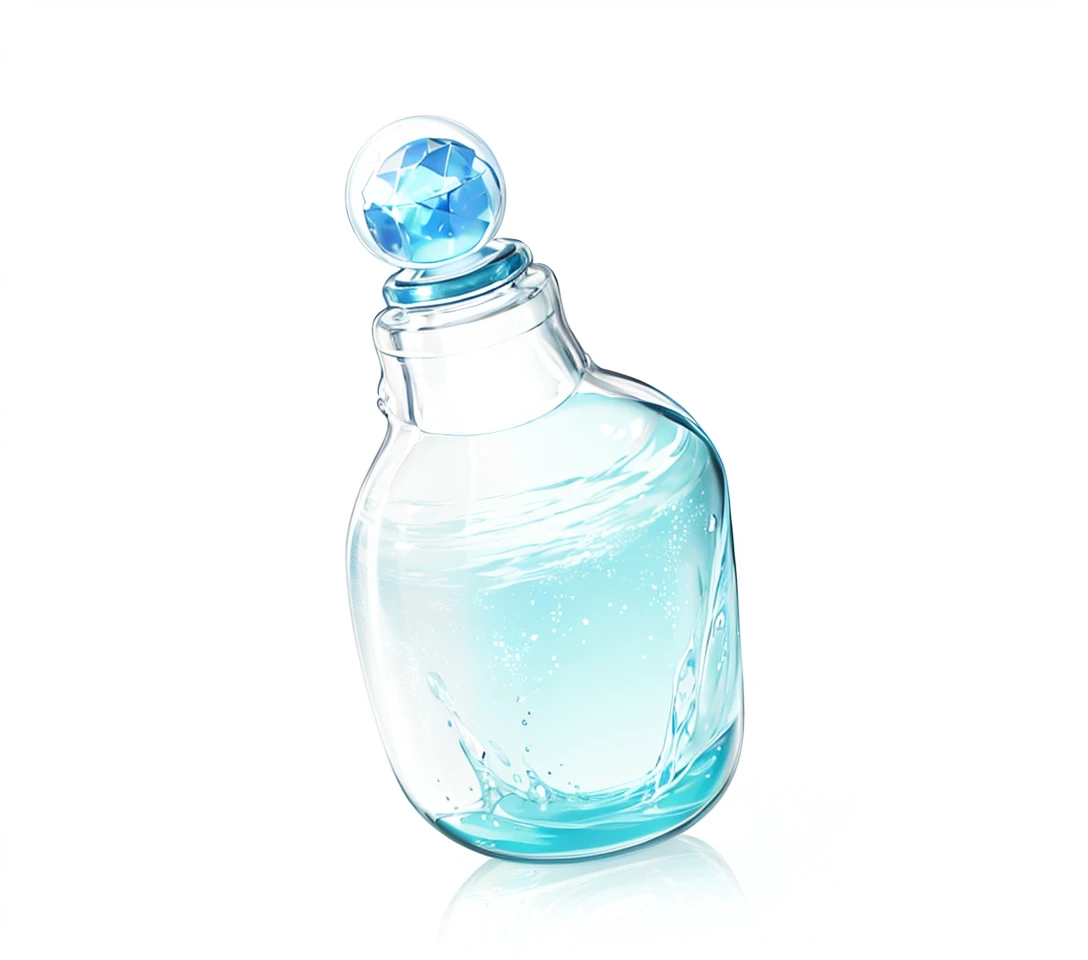 glass bottle, blue potion, circular stopper top, anime style