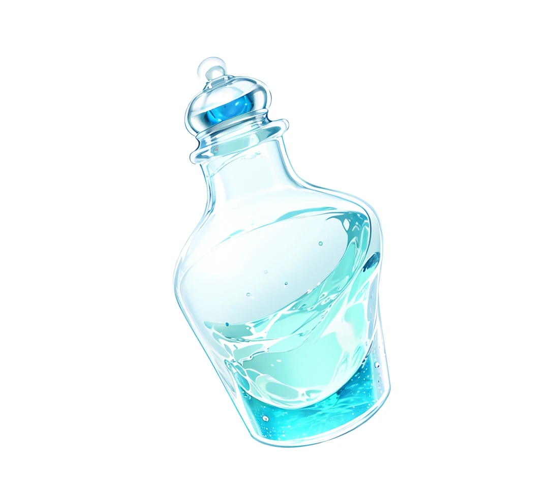 glass bottle, blue potion, circular stopper top, anime style