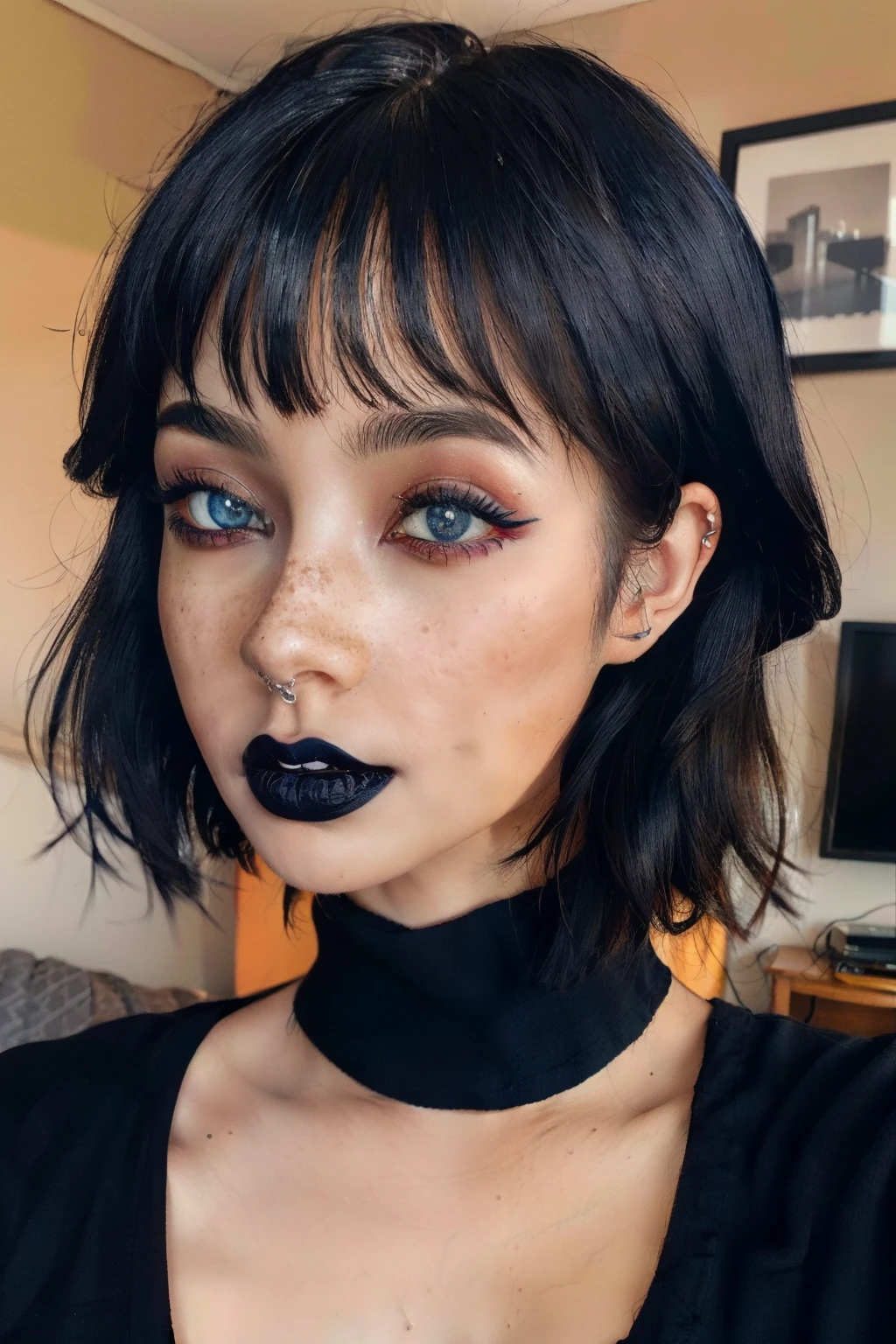 Fr3ckles, grey eyes, freckles, 1girl,  90sgrung3, red makeup, black lips, skinny, black lipstick, black hair, short hair, microbangs, black shirt, big breasts, beautiful eyes, pale skin, living room, blue eyes