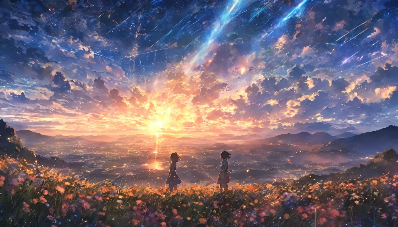 masterpiece, Concept Art, Panorama, figure, Wide Shot, One girl, Are standing, cliff, Flower Field, night, (Meteors), Space galaxy background, (A magnificent composition, Epic proportions), Dynamic Lighting, Bright colors, makoto shinkai, Your name was inspired,