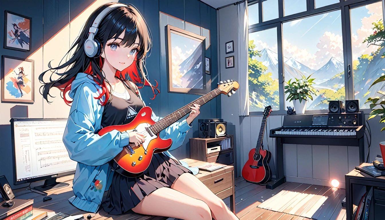 (Absurd:1.1, High resolution:1.1, 超detailed:1.1), 非常にdetailedな, 超detailed hair, (Fine grain:1.4), (Shining Eyes:1.3), thin, cute, Perfectly symmetrical face, narr○w waist, 超cute girl, 超cute face, 超cute, Super beautiful, Beautiful colors, merry (Yanmar gauge),From wlop,((Great quality)), (Beautiful legs), (Beautiful Hair), Black Hair, computer, Beautiful Style (Beautiful colors,detailed,Highest quality,Great quality,so beautiful), guitar, Headphones, microphone, Tank top, Jacket, pants, Lighting and Shadows(perspective), Lighting particles, colorful, masterpiece, Very stylish room,