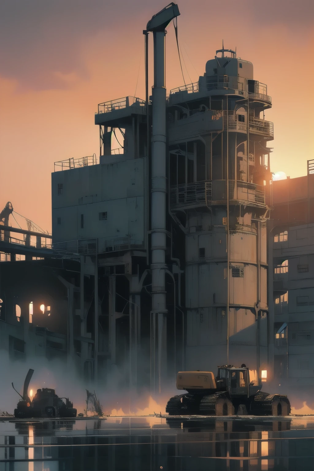 Detailed Machinery、Abandoned Factory、Atrium、White Flower Field、(((Rusty heavy equipment)))、Pitch Black Night、Blue dark、fog、Detailed Background、Top Quality、(((No humans)))、Broken heavy machinery、(((Sunset)))、(((Submersion)))