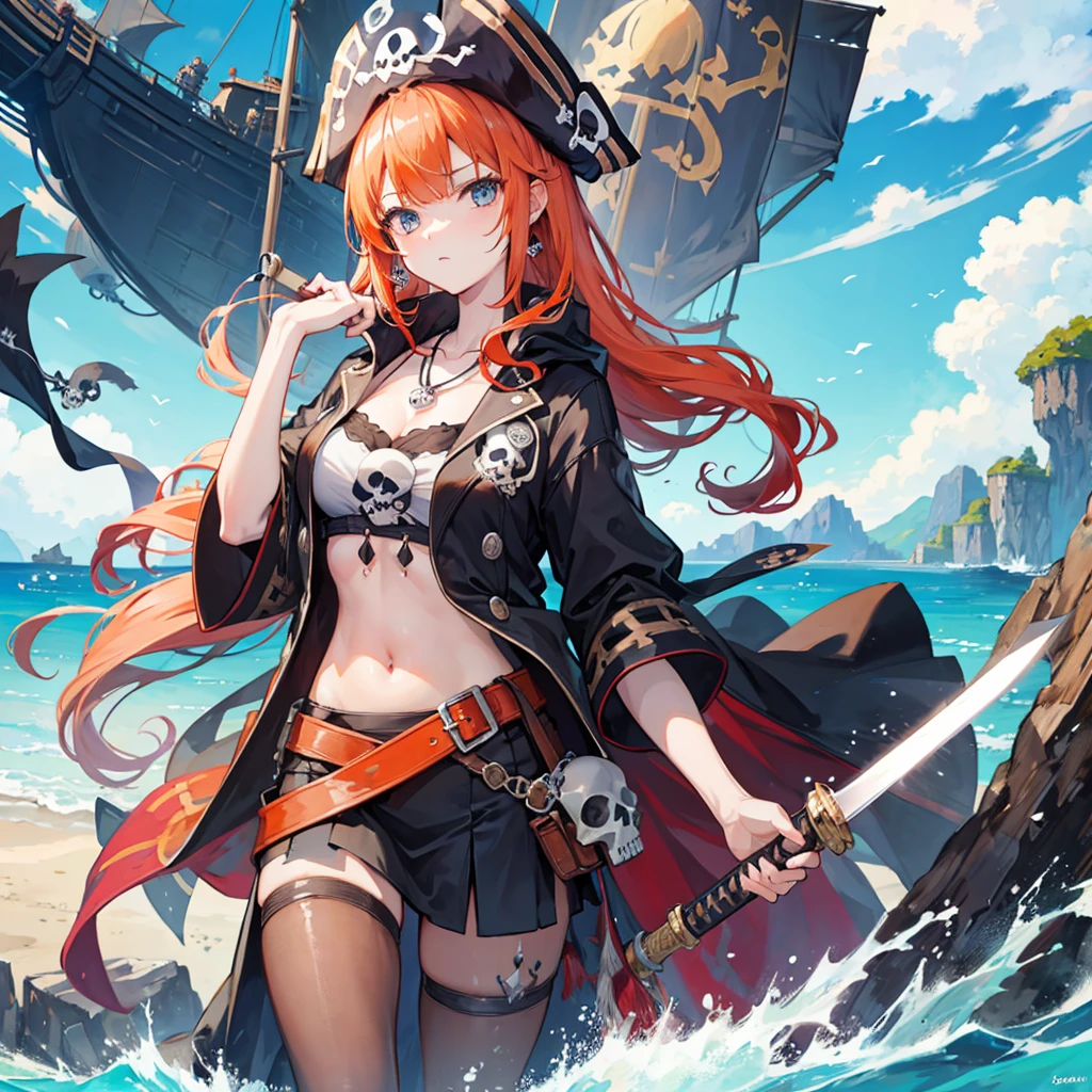 ((((pirate女帝 Skull Island swordを持つ)))) (((Skull pattern pirate Large Breasts))) ((Boat Orange Hair blue eyes)) ((necklace sword)) (noon Boatの上 sun cloud) Catch the wind Shining Background Light