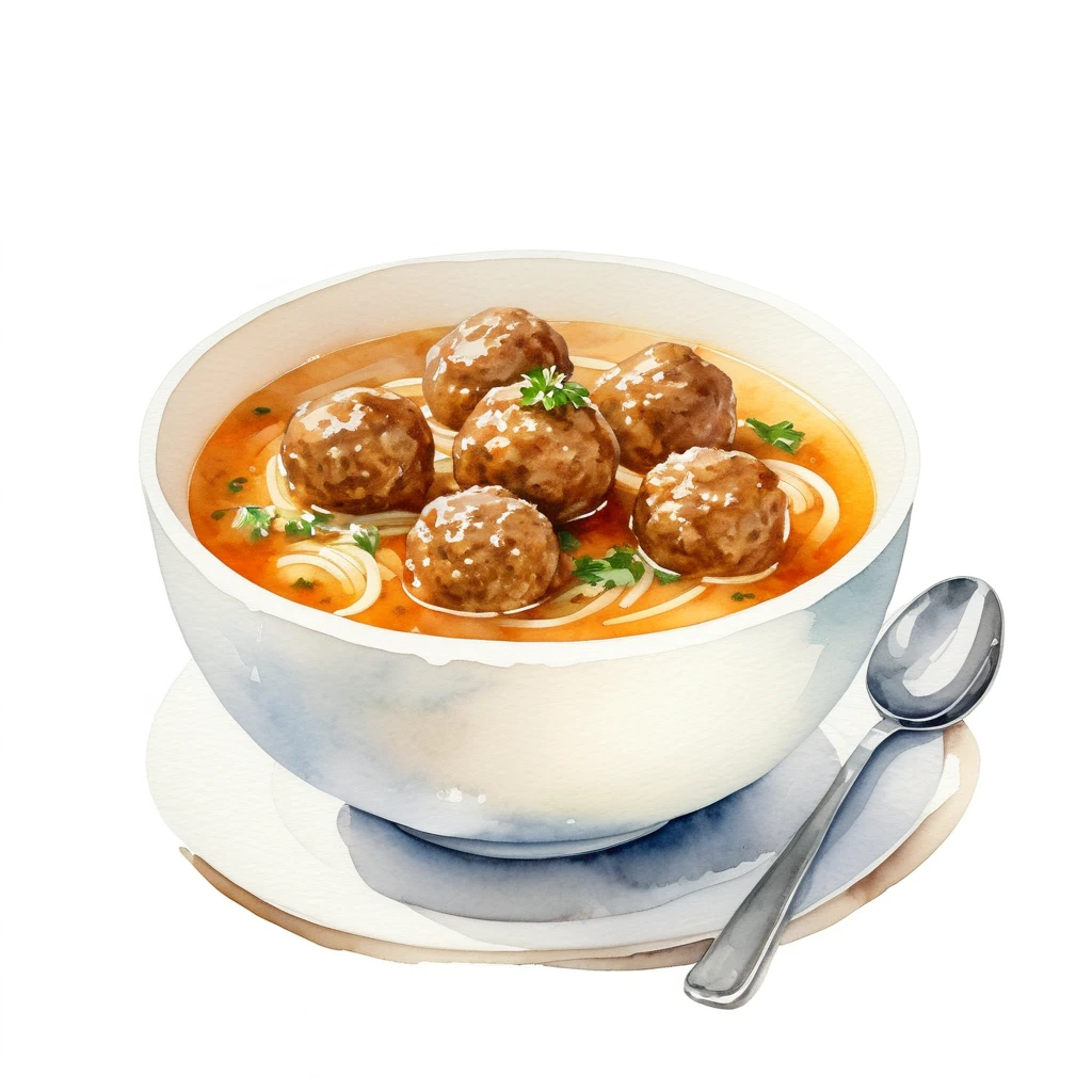 A painting ,meatball soup, ((watercolor)), Cartoon Style, Pure white background, Central Composition, Negative space around objects, faded colors, A meticulous masterpiece, Loose Drawing, Clip Art,
