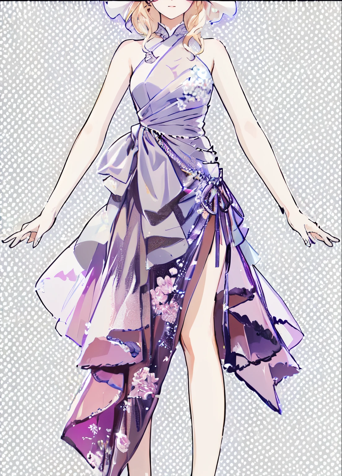 anime girl in a purple dress with a bow on her head, detailed fashion illustration, fashion concept art, detailed dress and face, flowing realistic fabric, digital art of an elegant, fashion design, exquisite digital illustration, fashion illustration, wearing a flowing dress, high fashion design, translucent dress, wearing an elegant dress, luxury fashion illustration, clear outfit design, outfit design,Rich in details，Masterpiece，Clean shaping，Clarity，Ultra HD 8K，Strong texture，Anime style