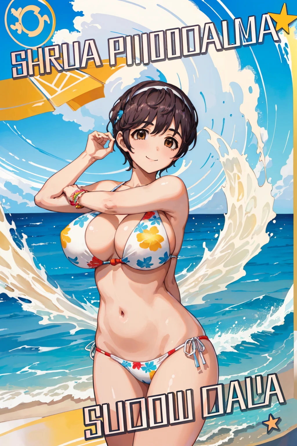 beautiful young woman,Have a perfect body and beautiful big eyes, Perfect slim and thick figure, Short and wavy hair, Headband, Delicate printed micro bikini, playing at the beach, tropical island, happy, Smile gently, Open, is a perfect face, mute, Atmospheric, clean lines, complex, Super detailed, actual, 8k