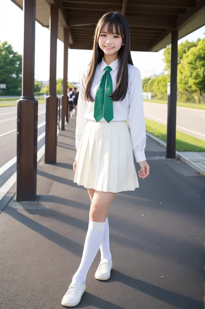 18-year-old、High school girls、uniform、ワンピースのuniform、紺色のuniform、White blouse、Long Straight Hair、White socks、smile、beautiful、Stylish、Japanese high school students、紺色uniform、Green Path、Commuting
